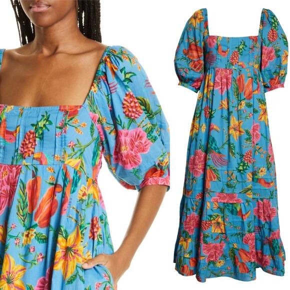 Farm Rio Toucans Garden Blue Floral Puff Sleeve Open Back Midi Dress XS - Picture 2 of 14